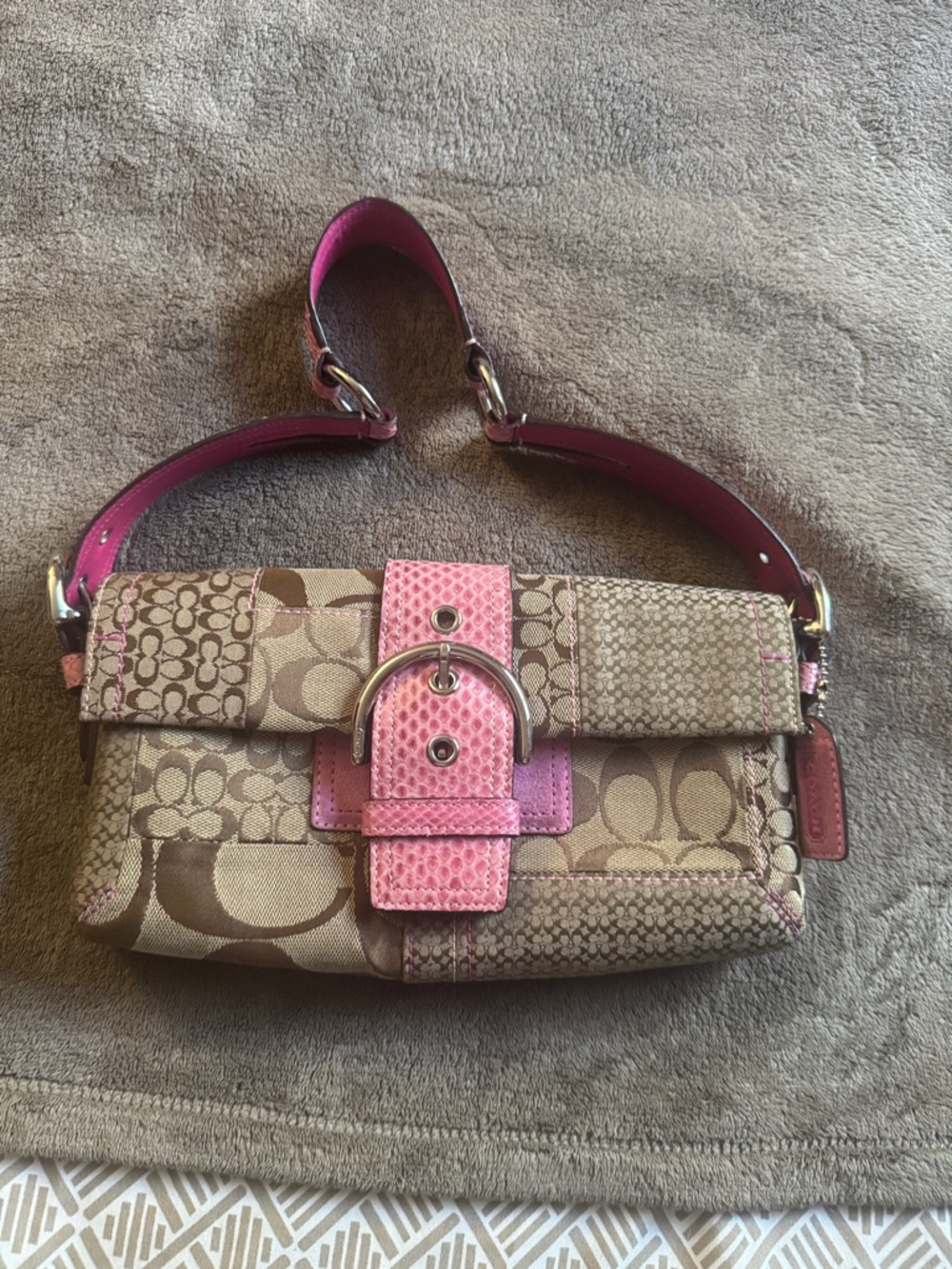 Coach Beige Signature Shoulder Bag with Pink Trim